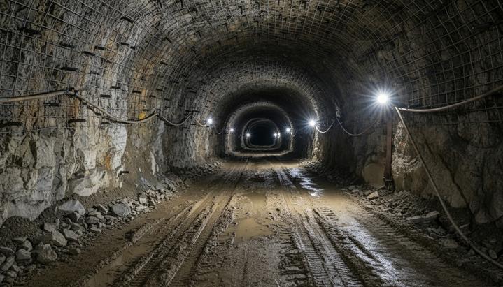 Пустой подземный рудничный тоннель со скальными стенами, укрепленными стальной сеткой и анкерными болтами. На полу видны следы техники.