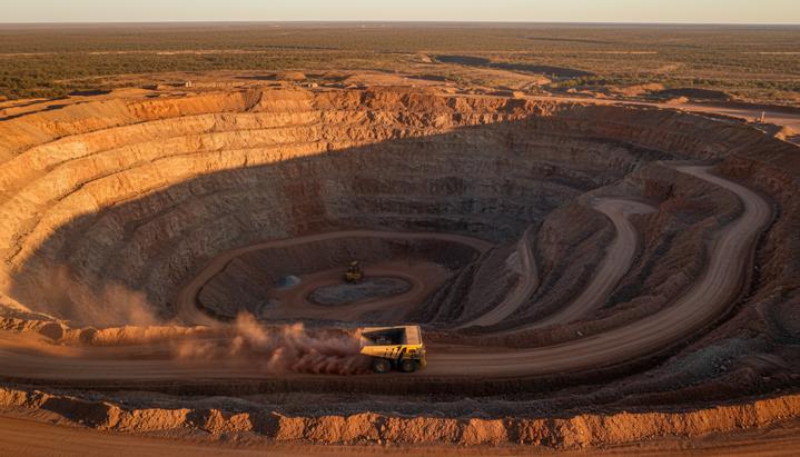 Открытый карьер по добыче золота в засушливом ландшафте Западной Австралии. Видны террасы разреза и большой самосвал на пыльной дороге.