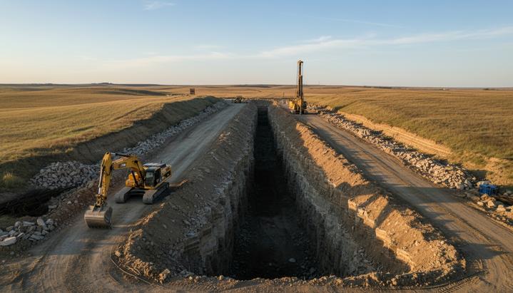 Начальный этап строительства портала рудника: два въезда в скальную породу, строительная техника на фоне холмистой равнины.