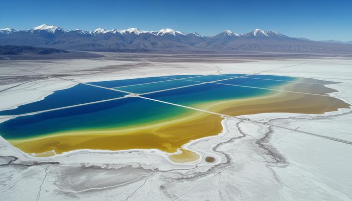 Испарительные бассейны для добычи лития в солончаке Атакама. Ярко-бирюзовые и желтые пруды на фоне белой пустыни и гор.