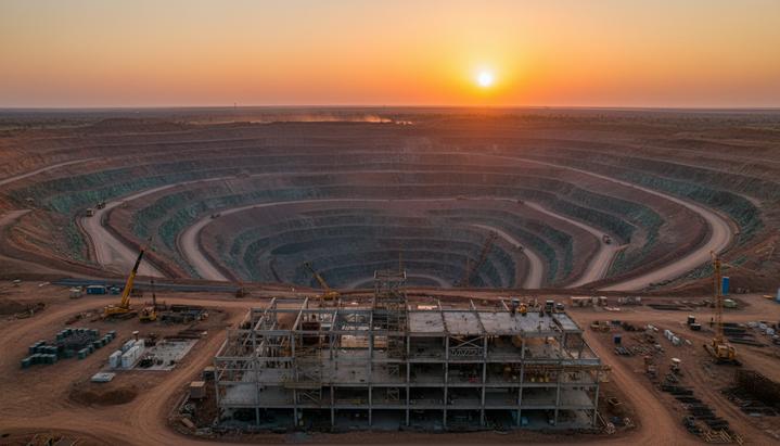 MMG инвестирует $900 млн в расширение медного рудника Khoemacau в Ботсване Панорама большого карьера медного рудника в Ботсване с террасами, технологическими дорогами и строящейся обогатительной фабрикой на переднем плане.