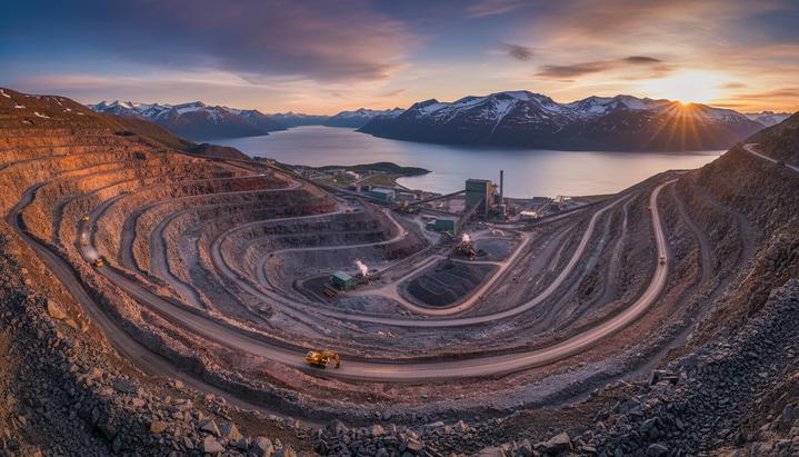 Панорамный вид на железорудный карьер и производственные объекты рудника Sydvaranger на берегу фьорда в Северной Норвегии.