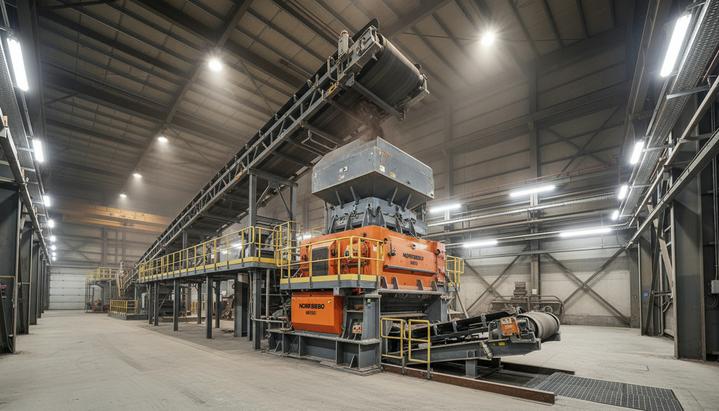 Metso поставит дробилки на €20 млн для медного рудника Grupo Mexico Промышленная конусная дробилка на конвейерной линии внутри цеха обогатительной фабрики медного рудника.