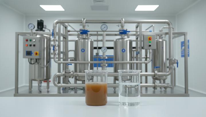 Промышленная установка для микрофильтрации воды из нержавеющей стали с трубами и датчиками в испытательной лаборатории.