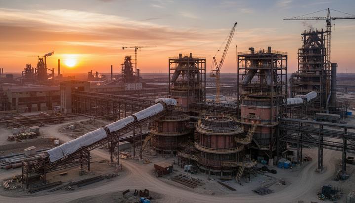 Metso получила новый заказ на €70 млн для медного проекта АГМК в Узбекистане Строящийся медеплавильный завод: промышленные печи, стальные конструкции и разветвленная сеть трубопроводов в лучах заходящего солнца.