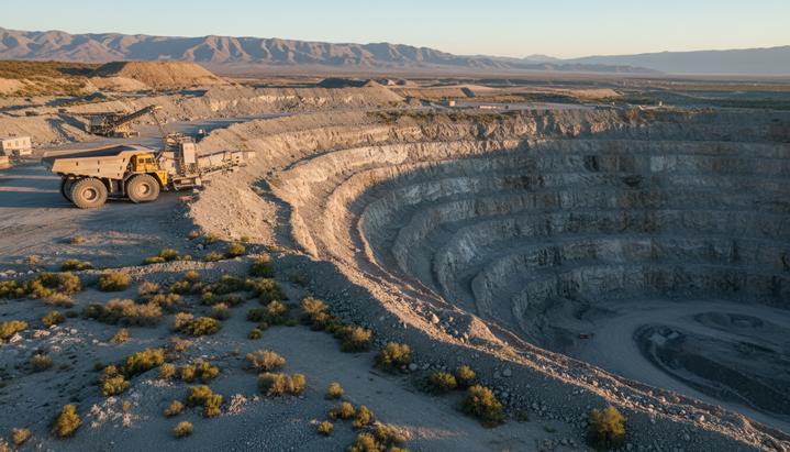 Tapojärvi возобновила добычу на серебряном руднике Sotkamo Silver Открытый карьер по добыче серебра с террасными уступами. Рядом с дробильной установкой стоит большой карьерный самосвал.