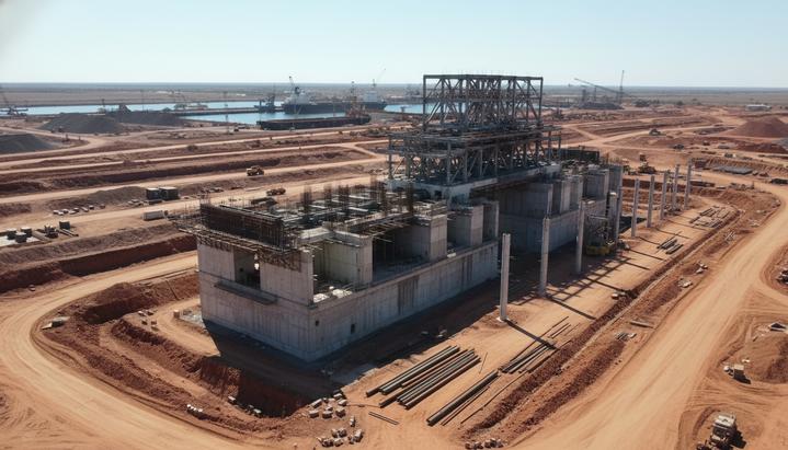 Строительная площадка в порту: бетонный фундамент и стальной каркас нового вагоноопрокидывателя в Западной Австралии.