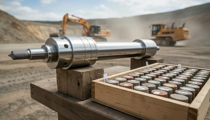 Новый металлический керноотборный снаряд и цилиндрические образцы породы, разложенные в ящике на стеллаже на геологоразведочном участке.