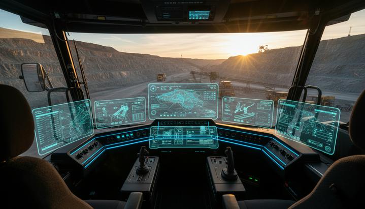 Caterpillar внедряет ИИ-ассистента для оптимизации работы спецтехники Кабина карьерного самосвала Caterpillar без водителя, с подсвеченными цифровыми дисплеями, показывающими данные и схемы на фоне разреза.