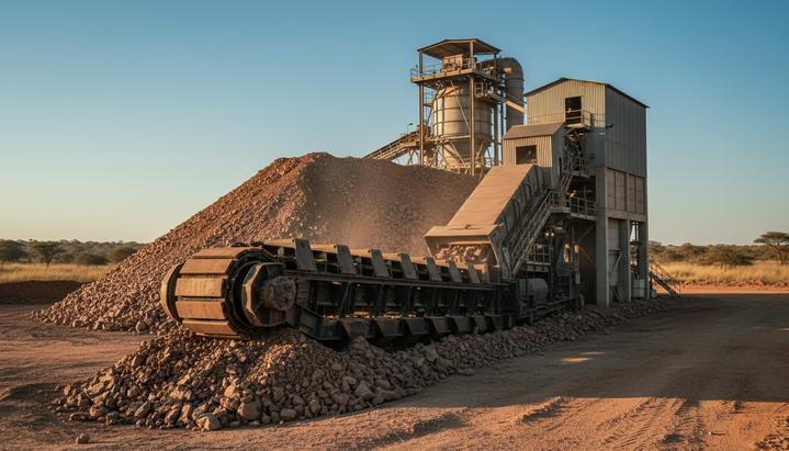 Крупный пластинчатый питатель у основания отвала руды на карьере, ведущий к зданию обогатительной фабрики на фоне саванны.