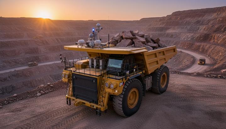 Caterpillar и NVIDIA внедряют ИИ для автономной спецтехники Современный автономный карьерный самосвал Caterpillar с датчиками и камерами в разрезе открытого рудника на рассвете.