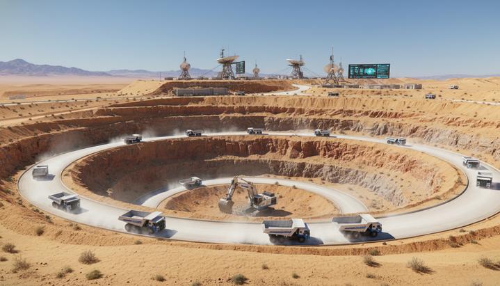 Hexagon и Ma’aden развивают горное образование в Саудовской Аравии Панорамный вид на современный открытый карьер в пустынной местности с работающей тяжелой горнодобывающей техникой.