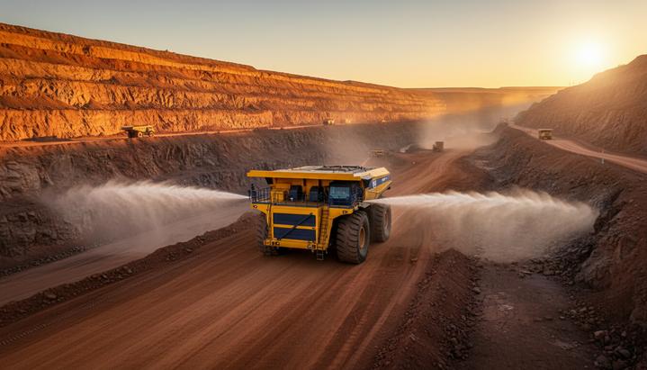 SANY поставила Vale в Бразилию первый гибридный карьерный водовоз Гигантский карьерный самосвал-водовоз на технологической дороге в огромном железорудном карьере с террасными уступами.
