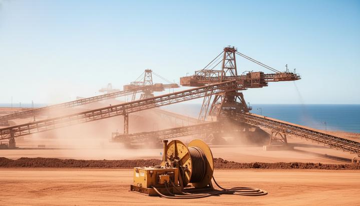 Cavotec укрепит позиции в Австралии новым контрактом для Порт-Хедленда Промышленный пейзаж железорудного порта. Крупные конвейеры и погрузочные машины. Моторизованная кабельная катушка на переднем плане.