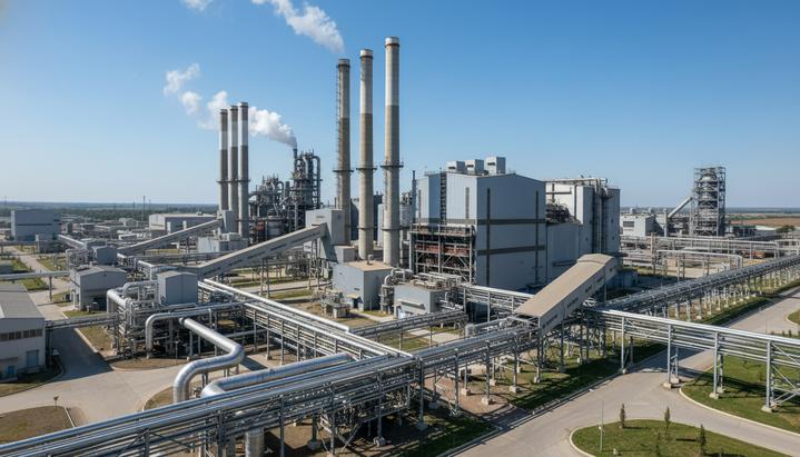 Metso получила заказ на €180 млн для нового медного комбината в Азии Современный медеплавильный комбинат с высокими трубами, промышленными зданиями и сложной системой трубопроводов.