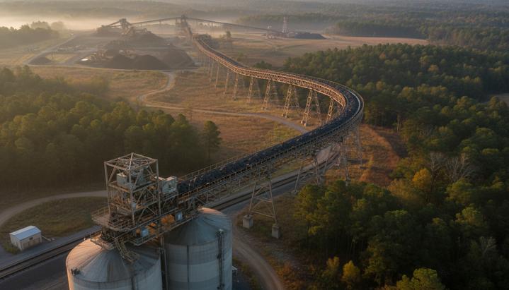 Изогнутый наземный конвейер для транспортировки угля, проложенный через холмистую сельскую местность к железнодорожному узлу.