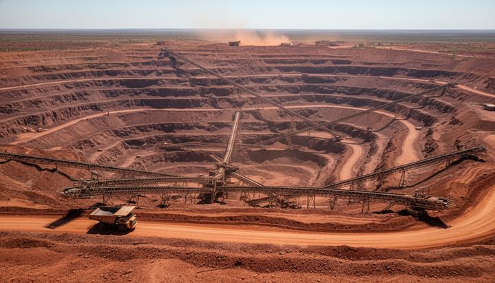 Длинная конвейерная лента в железорудном карьере с красной почвой. На фоне виден большой карьерный самосвал на дороге.