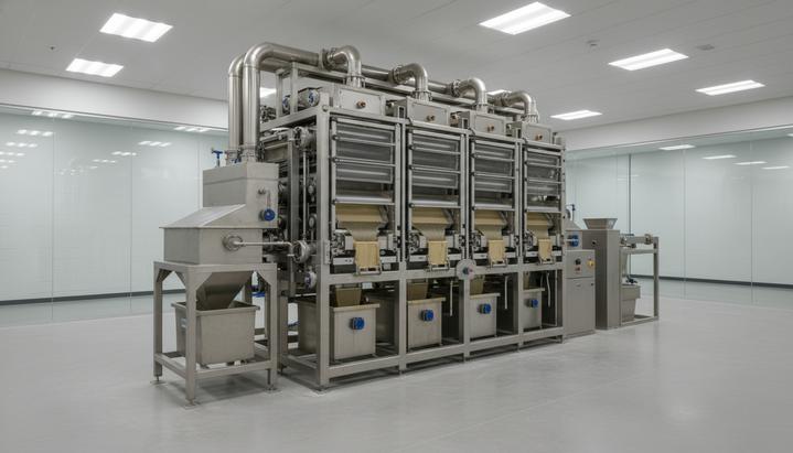 Крупногабаритная установка для тонкого грохочения в современном, хорошо освещенном испытательном цехе. Промышленное оборудование для горной отрасли.