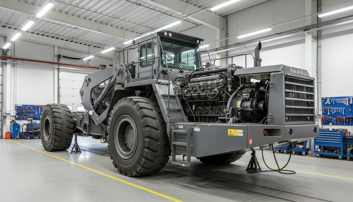 Крупная горно-шахтная машина на стадии капитального ремонта в большом, хорошо освещенном промышленном цехе.