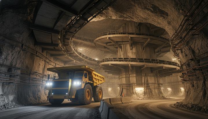 Epiroc представила 3D-систему управления автономной техникой в шахтах Автономный шахтный самосвал движется по освещенному туннелю многоуровневого подземного рудника.