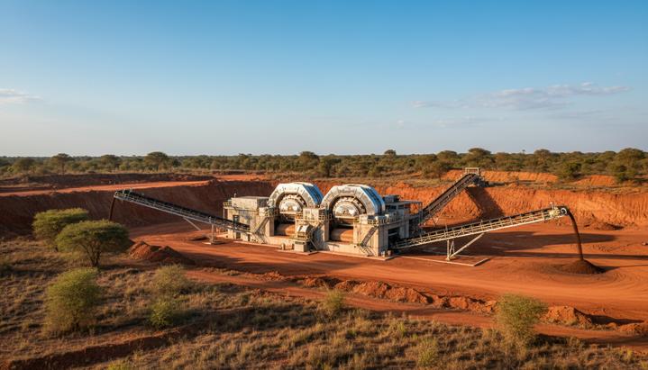 Современная установка валкового пресса высокого давления (HPGR) на территории золотодобывающего карьера в Западной Африке.