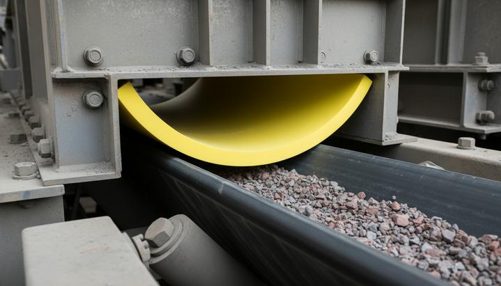 Зона загрузки карьерного конвейера с установленной внутри борта защитной полиуретановой футеровкой желтого цвета.