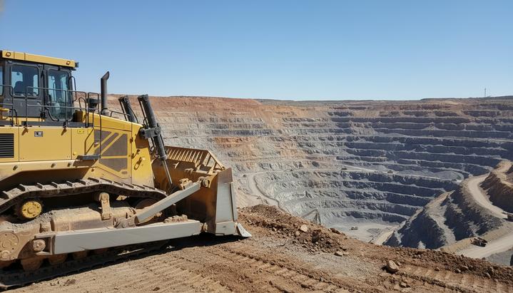 Современный карьерный бульдозер на краю огромного открытого рудника по добыче цинка и свинца с террасированными склонами.