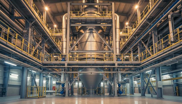 Рост спроса на энергоэффективное измельчение привел к рекорду продаж Metso Высокая вертикальная мельница для измельчения руды внутри современного цеха обогатительной фабрики со стальными конструкциями и трубопроводами.