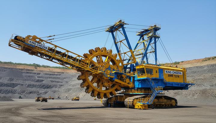Массивный роторный экскаватор KING CHOZHA BWE 1574 в большом открытом карьере по добыче бурого угля в Индии.