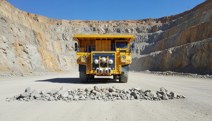 Kal Tire и Decoda представили систему мониторинга дорог для карьеров Большой карьерный самосвал с датчиками на переднем бампере движется по технологической дороге в карьере. Перед ним на дороге рассыпана порода.