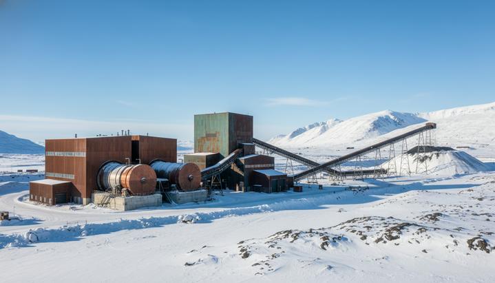 Промышленный комплекс медно-обогатительной фабрики с конвейерами на фоне сурового северного шведского пейзажа.