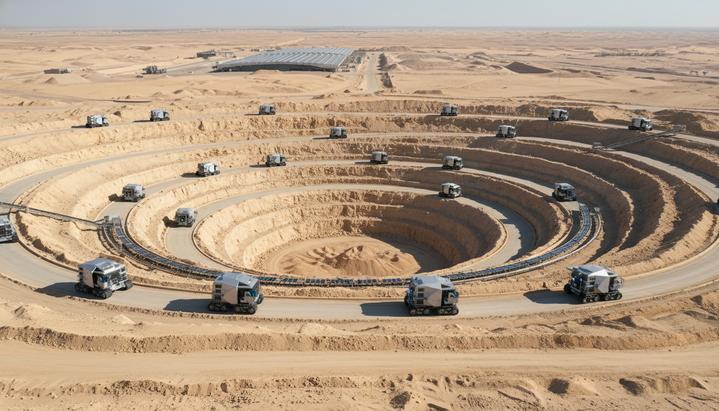 Форум в Эр-Рияде: новый этап глобального сотрудничества по минералам Современный карьер по добыче полезных ископаемых в пустыне с технологическим оборудованием и перерабатывающим заводом на горизонте.