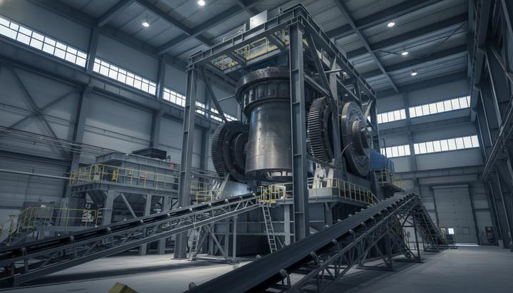 Современная гирационная дробилка в цехе горно-обогатительной фабрики в окружении промышленных конвейеров и конструкций.