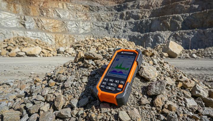 Thermo Fisher выпустила анализатор Niton XL5e для экспресс-анализа в поле Портативный ручной РФА-анализатор лежит на куче необработанной руды в карьере с видом на скальную стену разреза.