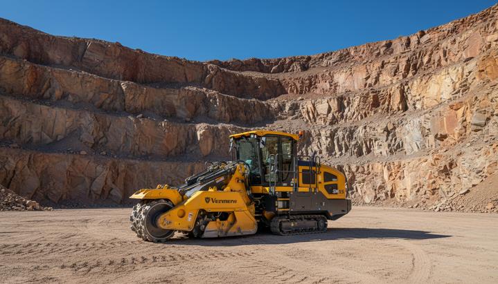 Новый карьерный комбайн Vermeer SM55 желто-серого цвета на фоне скального разреза в открытом карьере.