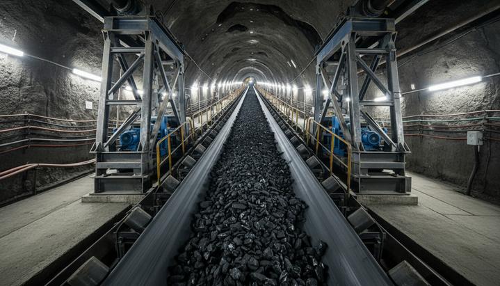Массивная конвейерная лента с углем, поднимающаяся по наклонному стволу современной и хорошо освещенной угольной шахты.