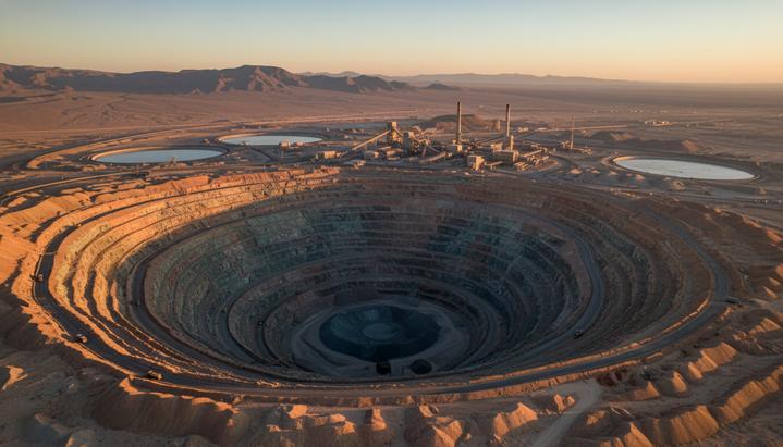 Codelco продлит работу рудника Ministro Hales до 2054 года за $2.8 млрд Огромный карьер медного рудника Ministro Hales в пустыне Атакама, Чили. Вид на террасные уступы карьера и промышленную инфраструктуру на фоне гор.