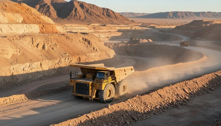 Ioneer заключила соглашение с дилером Cat для проекта Rhyolite Ridge в США Большой желтый карьерный самосвал движется по дороге в открытом руднике на фоне пустынного горного ландшафта Невады.