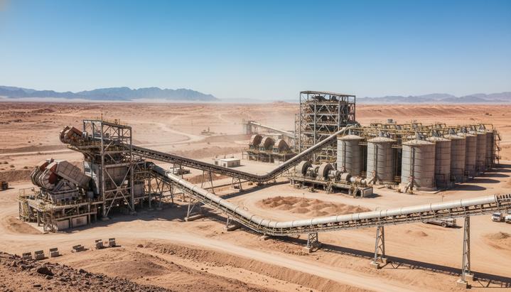 Крупный золотоперерабатывающий завод с промышленным оборудованием: конвейерами, мельницами и резервуарами в скалистой пустыне.