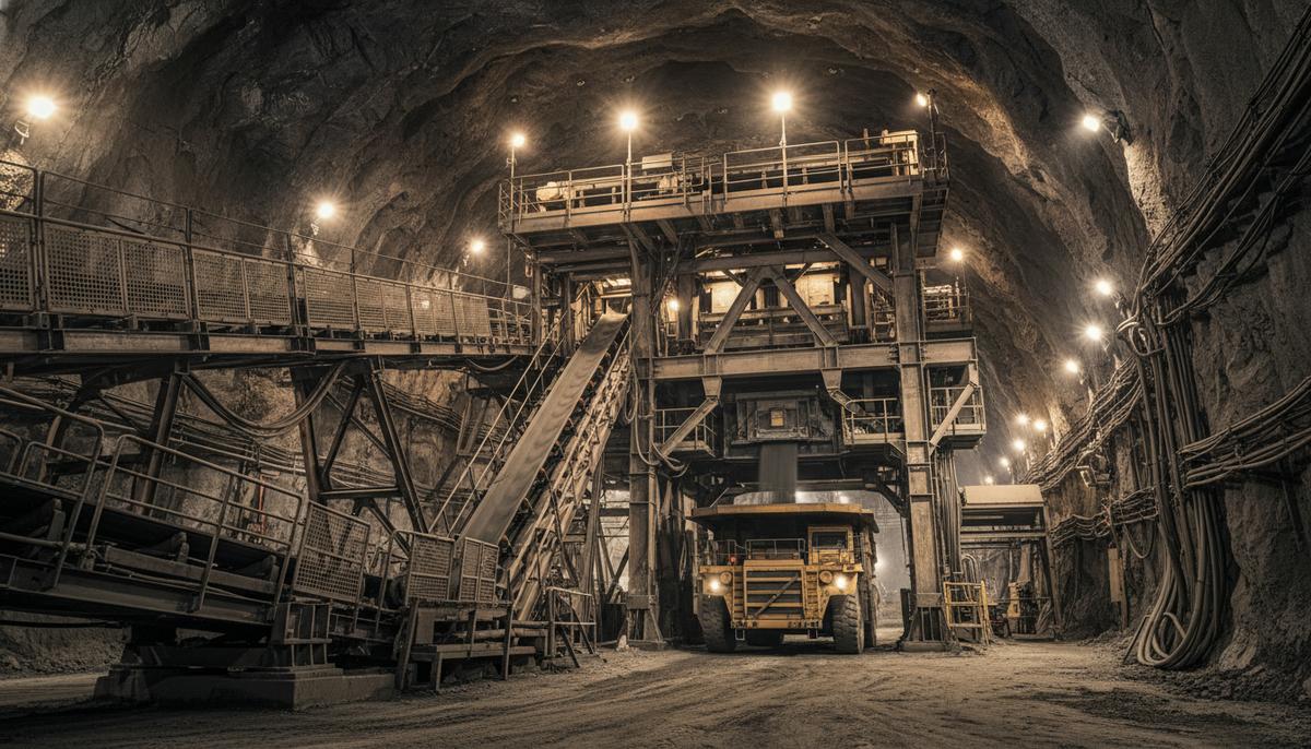 Канадская VMT поставит системы загрузки на рудник Оюу-Толгой в Монголии Система рудоспуска для загрузки самосвалов в туннеле подземного рудника. Массивное стальное оборудование с конвейерами под промышленным освещением.