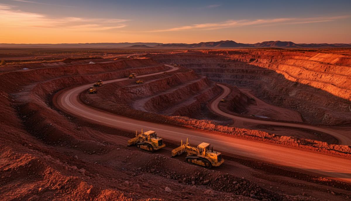 Карьер по добыче железной руды в австралийском регионе Пилбара. Новая дорога для карьерных самосвалов строится среди красной земли и скал.