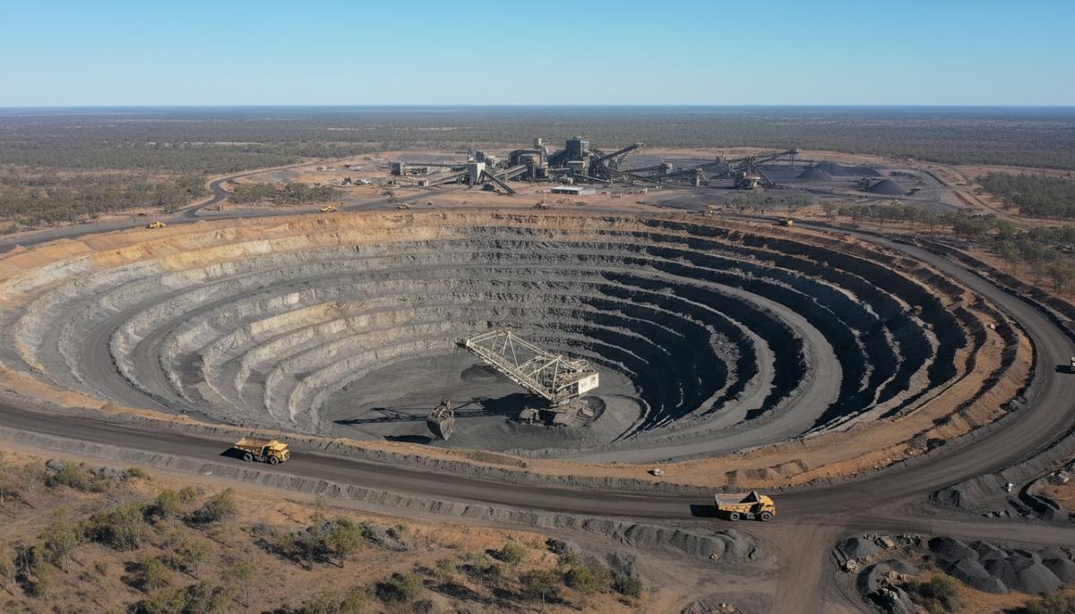 Панорамный вид угольного разреза Meandu в Австралии с карьерной техникой, драглайном и обогатительной фабрикой на фоне террасных стен карьера.