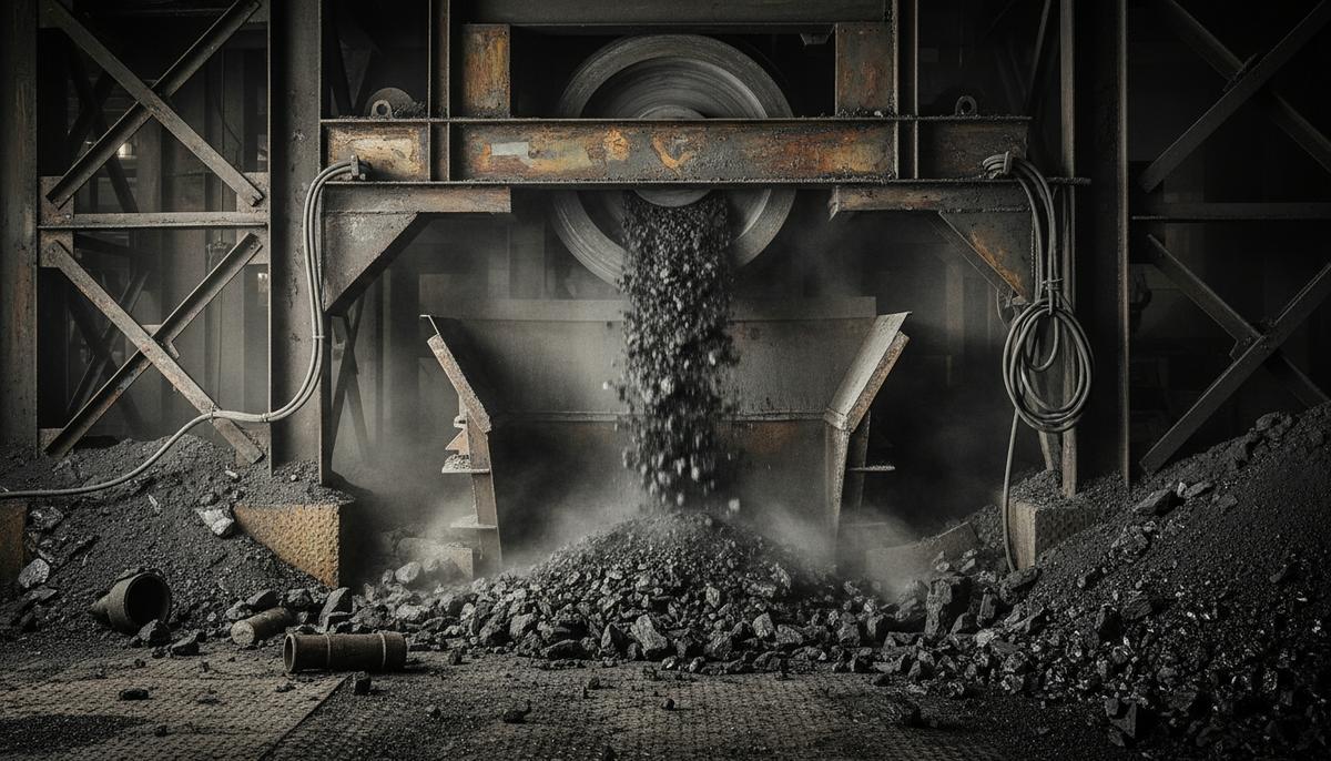 Узел перегрузки ленточного конвейера на промышленном объекте с головным барабаном, желобом и скоплениями пыли и просыпи.