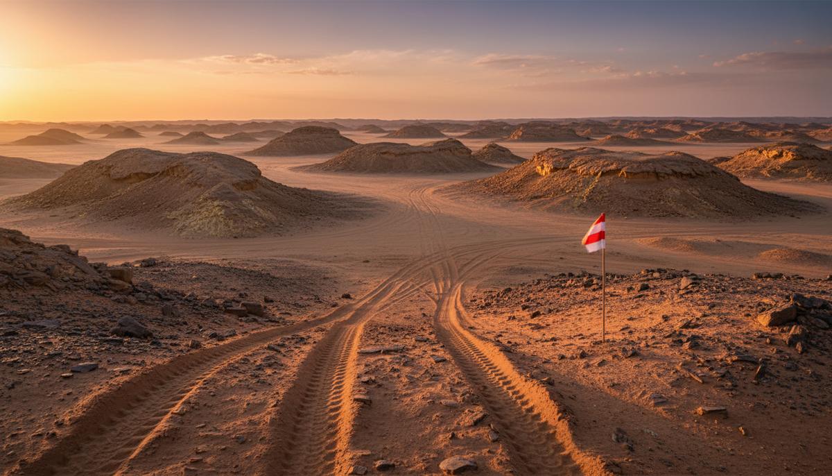 Скалистый пустынный пейзаж золотоносного пояса в Саудовской Аравии. На земле видны следы техники и геологический маркер.