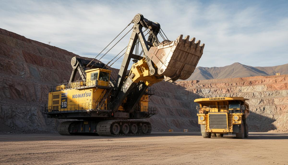 Огромный электрический карьерный экскаватор Komatsu P&H 4800XPC на фоне террасных уступов открытого рудника в Перу.