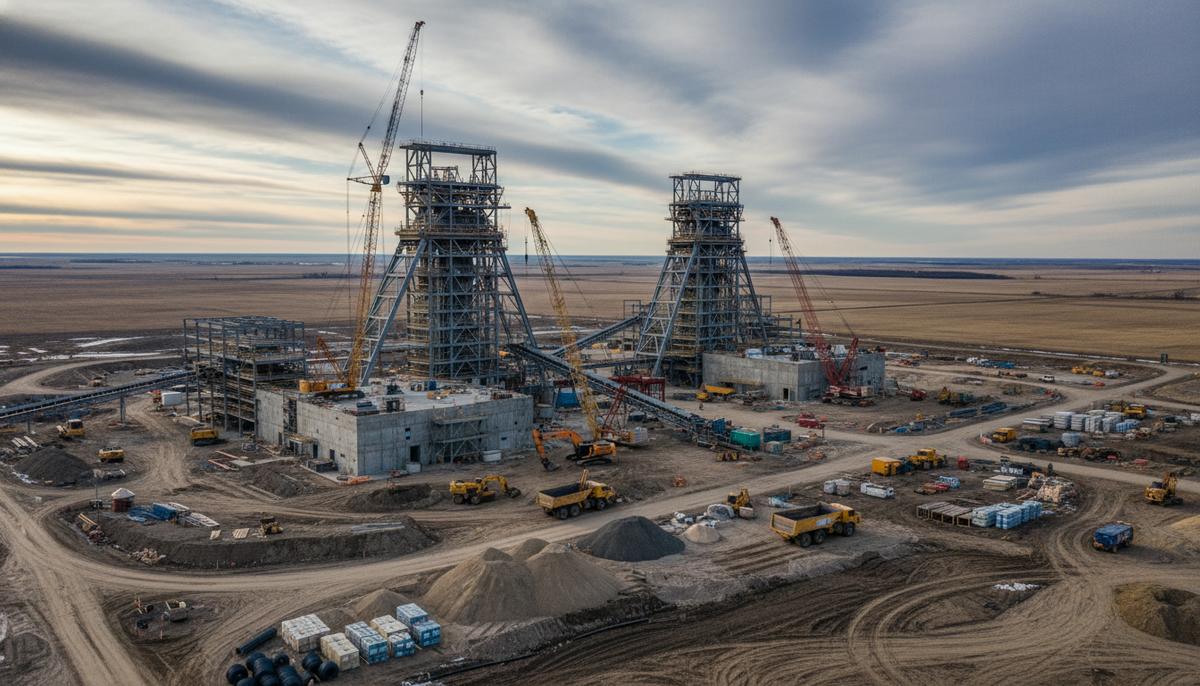 Стоимость калийного проекта Jansen компании BHP выросла до 8,4 млрд долларов Промышленная стройплощадка калийного рудника Jansen в Канаде. Надшахтные копры и здания фабрики в окружении строительной техники на фоне прерий.