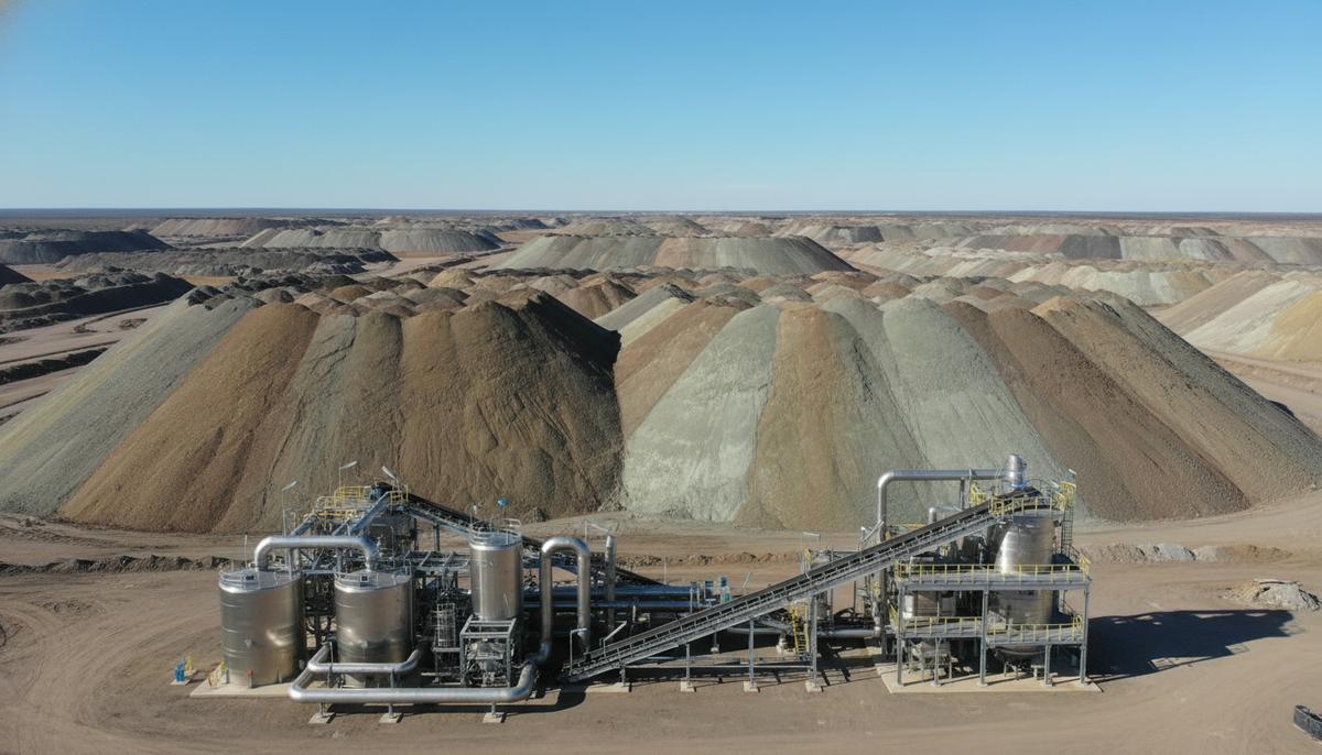 Технология EnviroGold открывает доступ к переработке бедных рудных хвостов Современная установка для переработки руды, состоящая из резервуаров и конвейеров, на фоне больших отвалов горнопромышленных хвостов.