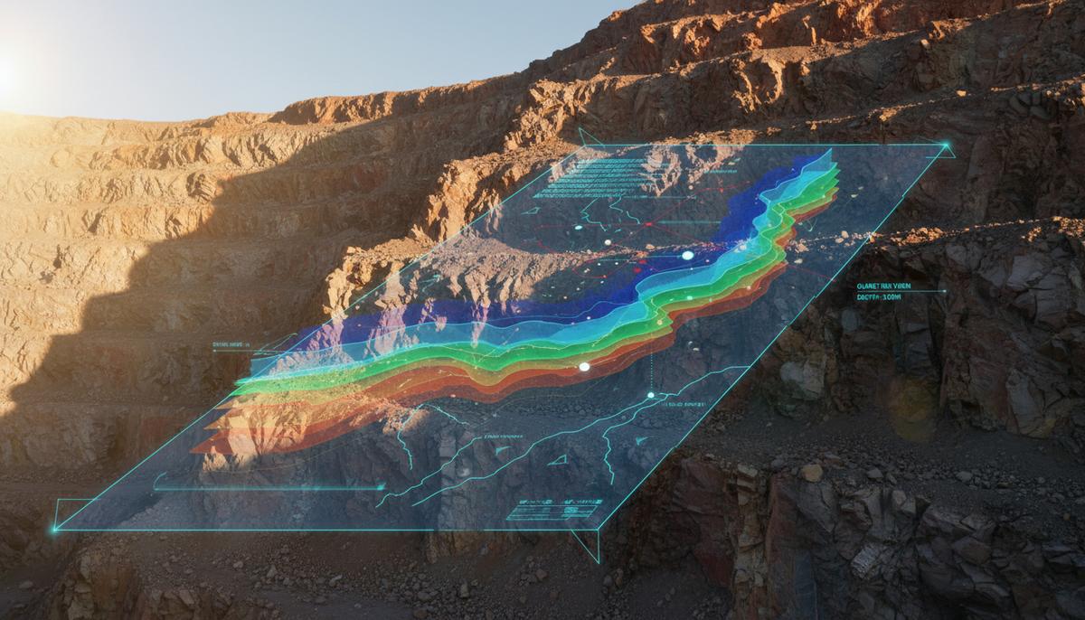 Детализированный срез скальной породы в карьере, на который наложена полупрозрачная цифровая 3D-карта геологических пластов и разломов.