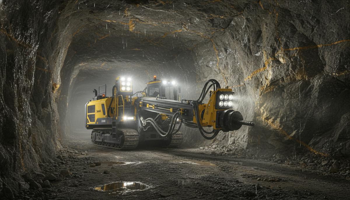 Современная буровая установка Sandvik в туннеле подземного золотого рудника, освещающая скальные породы.