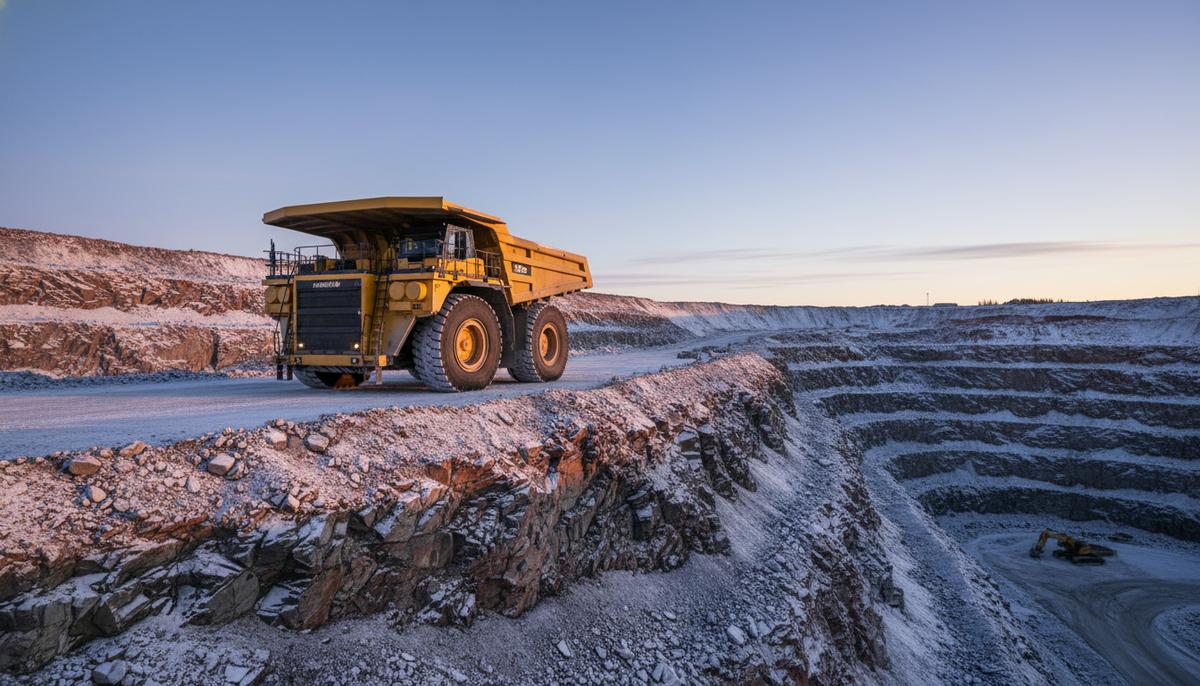 Большой карьерный самосвал Komatsu желтого цвета стоит на уступе современного открытого рудника в Финляндии.